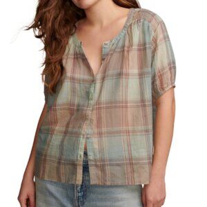 NEW Lucky Brand Womens S Cotton Plaid Smocked-S Ginger Root Plaid Sheer